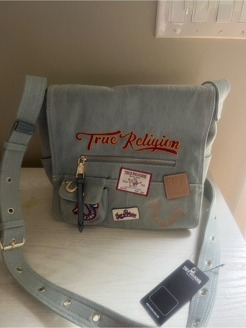 True Religion Light GrayCanvas Messenger Bag with Embroidered Logo - Picture 5 of 10